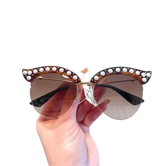 NWT GUCCI 53MM Embellished Cat Eye Sunglasses Havana Brown Faux Pearl Summer - Picture 7 of 12